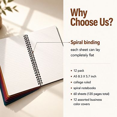 12 Pack A5 Spiral Notebooks College Ruled 120 Pages Thick Cover Side Bound Journal for Work School