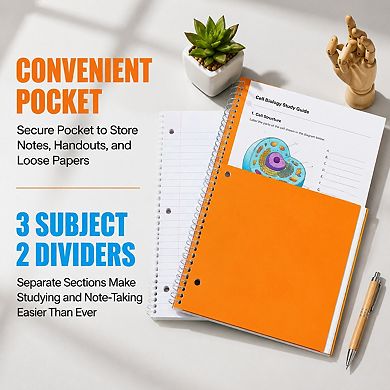 6 Pack 3 Subject Spiral Notebooks Wide Ruled No Bleed Thick Paper 150 Sheets
