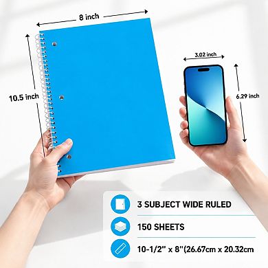 6 Pack 3 Subject Spiral Notebooks Wide Ruled No Bleed Thick Paper 150 Sheets