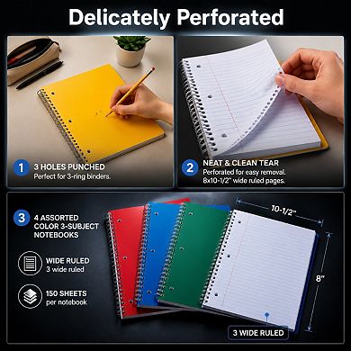 6 Pack 3 Subject Spiral Notebooks Wide Ruled No Bleed Thick Paper 150 Sheets