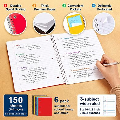 6 Pack 3 Subject Spiral Notebooks Wide Ruled No Bleed Thick Paper 150 Sheets
