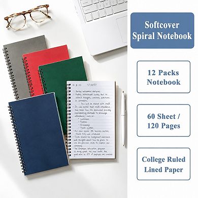 12 Pack A5 Spiral Notebooks Bulk, 120 Wide Ruled Pages Soft Cover Journals for School Office