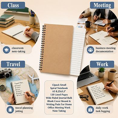 12 Pack A5 Spiral Notebooks Bulk, 120 Wide Ruled Pages Soft Cover Journals for School Office