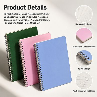 12 Pack A5 Spiral Lined Notebooks Bulk 12 Colors Wide Ruled Journals For Home Office School Gift