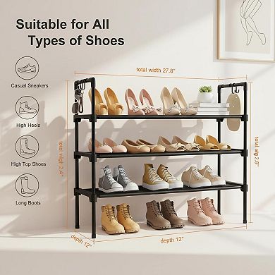 3 Tier Shoe Rack Organizer with 5 Hooks Stackable Free Standing for Closet Entryway Dorm