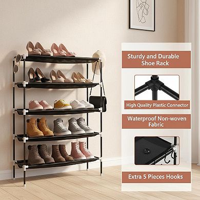 3 Tier Shoe Rack Organizer with 5 Hooks Stackable Free Standing for Closet Entryway Dorm