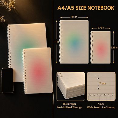 4 Pack Gradient Spiral Notebooks A4 Wide Ruled Waterproof PP Cover 140 Pages 100gsm