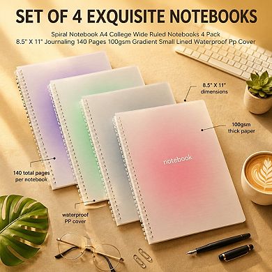 4 Pack Gradient Spiral Notebooks A4 Wide Ruled Waterproof PP Cover 140 Pages 100gsm