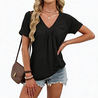 Women Top V Neck Front Gathered Raglan Roll Cuff Short Sleeve Loose Casual Tee