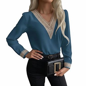 Women Top Hollow Lace Inset V Neck Long Sleeve Satin Office Dressy Blouse