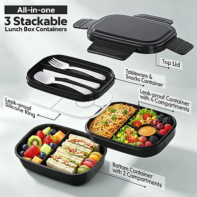 1900ml Stackable Leakproof Bento Box Lunch Bag with Utensil Set for Work Picnic