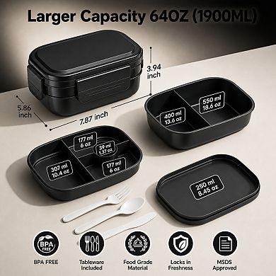 1900ml Stackable Leakproof Bento Box Lunch Bag with Utensil Set for Work Picnic