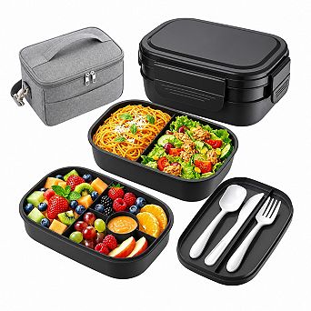 1900ml Stackable Leakproof Bento Box Lunch Bag with Utensil Set for Work Picnic