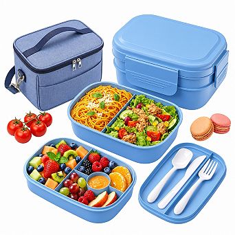 1900ml Stackable Leakproof Bento Box Lunch Bag with Utensil Set for Work Picnic