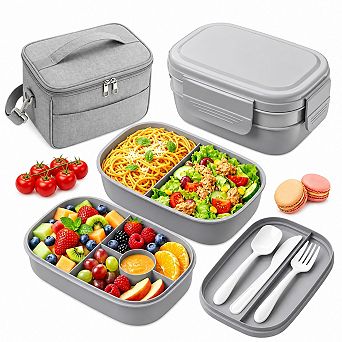 1900ml Stackable Leakproof Bento Box Lunch Bag with Utensil Set for Work Picnic