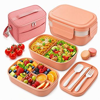 1900ml Stackable Leakproof Bento Box Lunch Bag with Utensil Set for Work Picnic