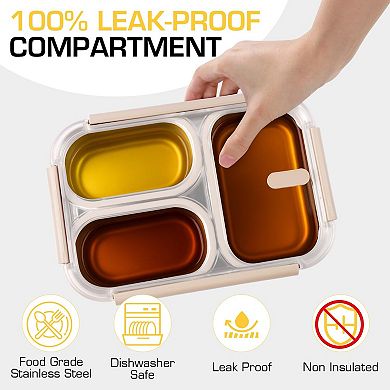 304 Stainless Steel 25oz Leakproof 3 Compartment Bento Lunch Box Meal Prep Container for Adults