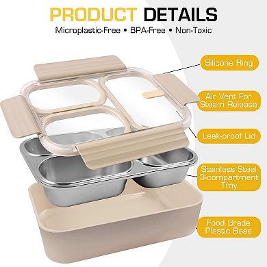 304 Stainless Steel 25oz Leakproof 3 Compartment Bento Lunch Box Meal Prep Container for Adults