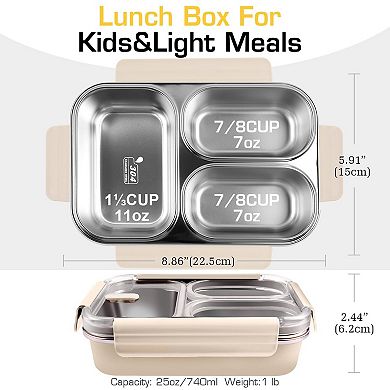 304 Stainless Steel 25oz Leakproof 3 Compartment Bento Lunch Box Meal Prep Container for Adults
