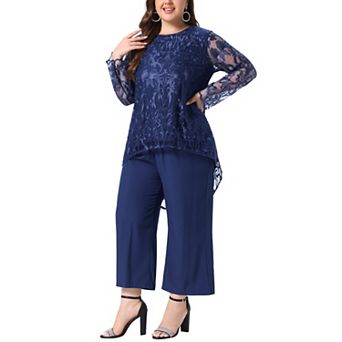 Women's Plus Size Lace Long Sleeve High Low Tunic & Cropped Wide Leg Pants 2 pc Outfit Set
