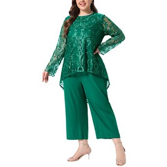 Women's Plus Size Lace Long Sleeve High Low Tunic & Cropped Wide Leg Pants 2 pc Outfit Set