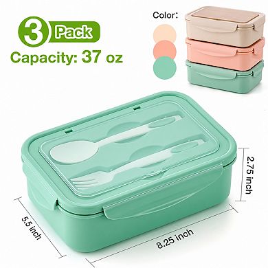 3 Pack Bento Boxes 1100ml Lunch Box With Spoon Food Grade Microwave Safe