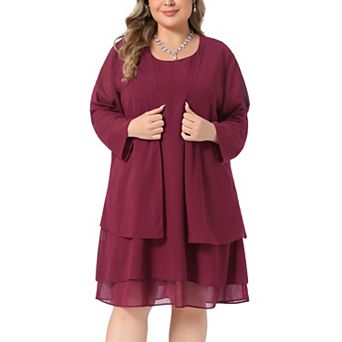 Women's Plus Size Chiffon 2 pc Outfit Sleeveless Layered Dress & Long Sleeve Open Front Cardigan