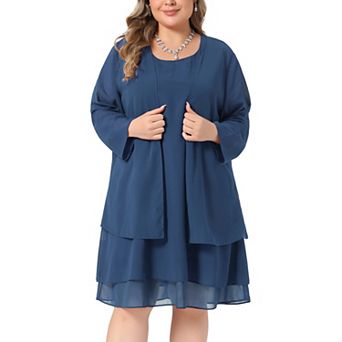 Women's Plus Size Chiffon 2 pc Outfit Sleeveless Layered Dress & Long Sleeve Open Front Cardigan