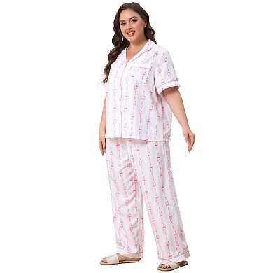 Women's Plus Size Notch Collar Short Sleeve Pajama Set Button Down Top & Wide Leg Pants Loungewear