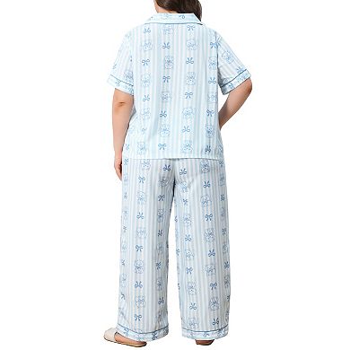 Women's Plus Size Notch Collar Short Sleeve Pajama Set Button Down Top & Wide Leg Pants Loungewear