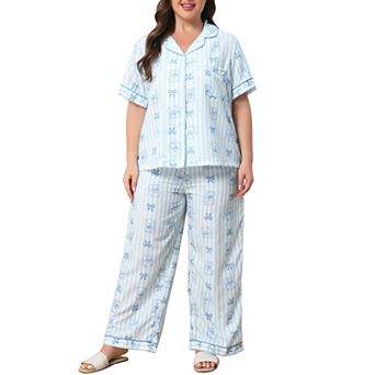Women's Plus Size Notch Collar Short Sleeve Pajama Set Button Down Top & Wide Leg Pants Loungewear