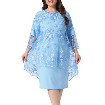 Women's Plus Size Round Neck 3/4 Sleeve Floral Lace Overlay Hi Low 2 pc Midi Dress