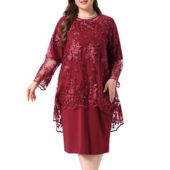 Women's Plus Size Round Neck 3/4 Sleeve Floral Lace Overlay Hi Low 2 pc Midi Dress