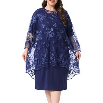 Women's Plus Size Round Neck 3/4 Sleeve Floral Lace Overlay Hi Low 2 pc Midi Dress
