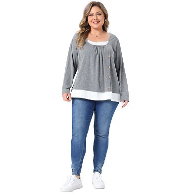 Women's Plus Size Long Sleeve Top Button Decor Front Gathered Detail