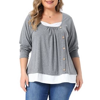 Women's Plus Size Long Sleeve Top Button Decor Front Gathered Detail
