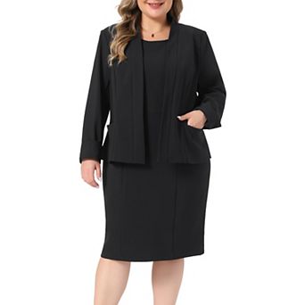 Women's Plus Size Open Front Blazer & Sleeveless Pencil Midi Dress 2 pc Business Suit Set