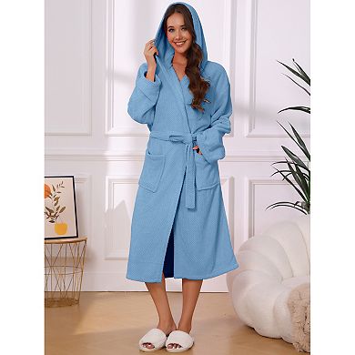 Women's Hooded Bathrobe Waffle Coral Fleece Long Absorbent Thick Soft Solid Color Robe Nightgown