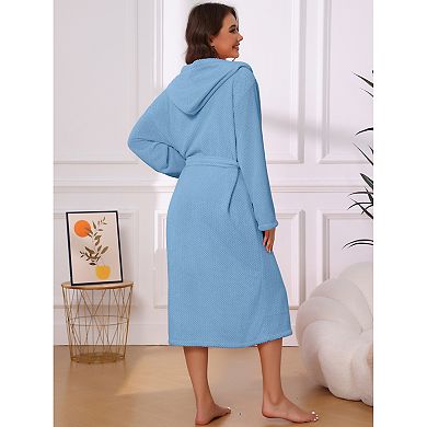 Women's Hooded Bathrobe Waffle Coral Fleece Long Absorbent Thick Soft Solid Color Robe Nightgown