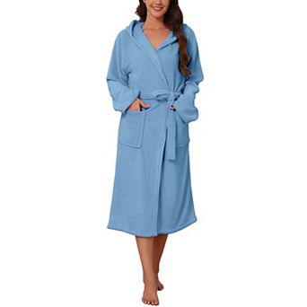 Women's Hooded Bathrobe Waffle Coral Fleece Long Absorbent Thick Soft Solid Color Robe Nightgown