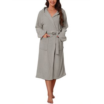 Women's Hooded Bathrobe Waffle Coral Fleece Long Absorbent Thick Soft Solid Color Robe Nightgown