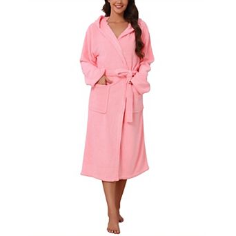 Women's Hooded Bathrobe Waffle Coral Fleece Long Absorbent Thick Soft Solid Color Robe Nightgown