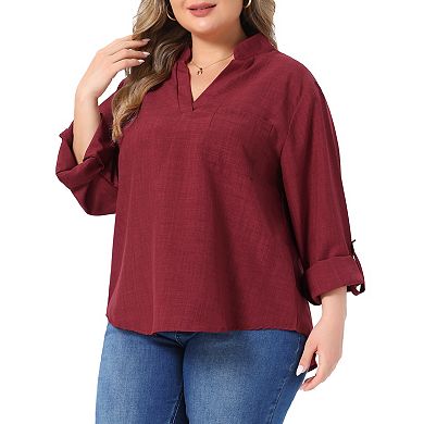 Women's Plus Size Notched V Neck Blouse Long Sleeve with Chest Patch Pocket
