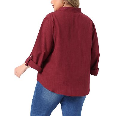 Women's Plus Size Notched V Neck Blouse Long Sleeve with Chest Patch Pocket