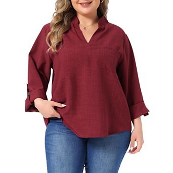 Women's Plus Size Notched V Neck Blouse Long Sleeve with Chest Patch Pocket