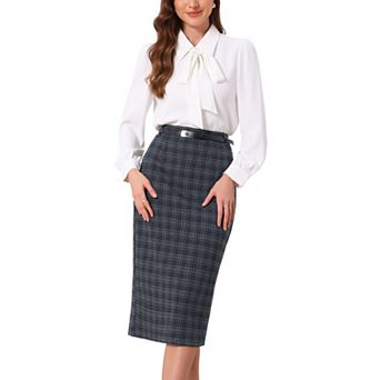 Women's Plaid Pencil Skirt High Waisted Tartan Business Office Knee Length Skirts