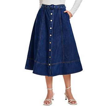 Womens Denim Skirt Button Front Flared Midi Jean Skirt