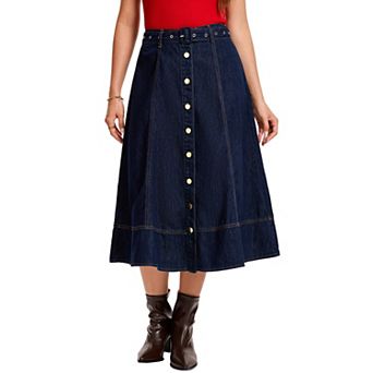 Womens Denim Skirt Button Front Flared Midi Jean Skirt
