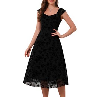 Women's Mesh Dresses Gothic Vintage Sweetheart Neck Sleeveless Ruffles Floral Jacquard A-Line Dress