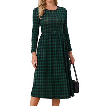 Women's Plaid Dresses Long Sleeve Crew Neck High Waisted Stretchy A Line Gingham Casual Midi Dress